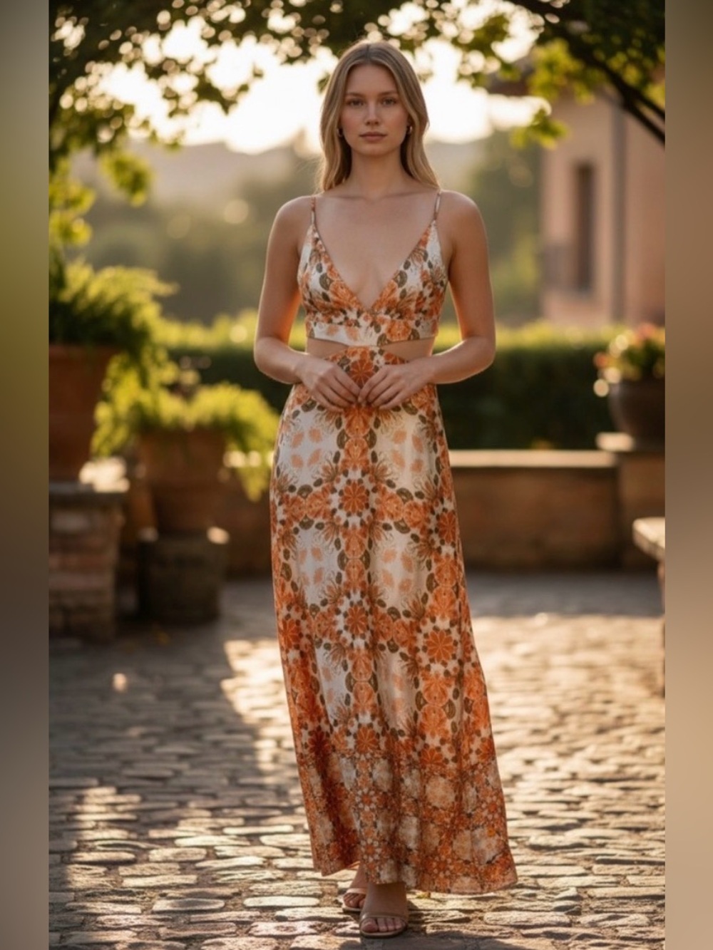 SOLD Orange Floral Cutout Maxi Dress size small House of Harlow 1960